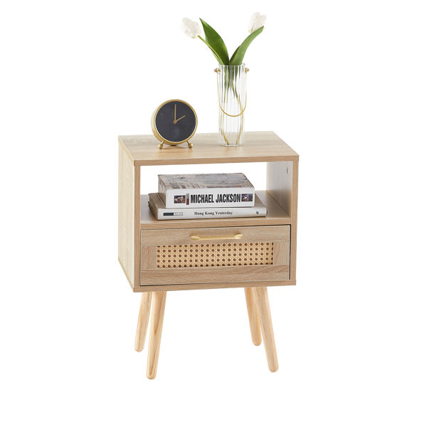 15.75" Rattan End table with  drawer and solid wood legs, Modern nightstand, side table for living room, bedroom,natural-5