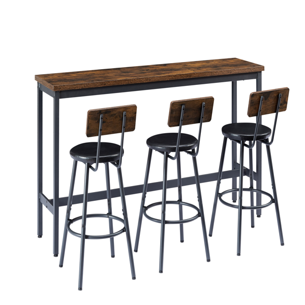Long Bar Table Set with 3 PU Upholstered Bar Stools, Industrial Bar Table and Chairs for Kitchen Breakfast Table, Living Room, Banquet Hall, Rustic Brown and Black, 63″L x15.7"W x 37.5"H-5