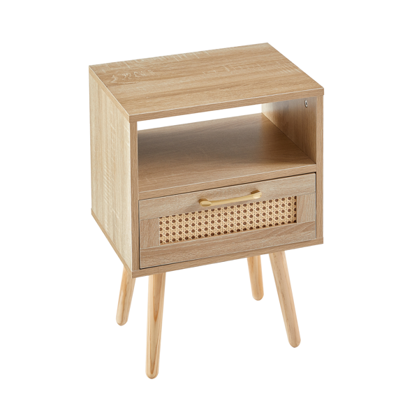 15.75" Rattan End table with  drawer and solid wood legs, Modern nightstand, side table for living room, bedroom,natural-6