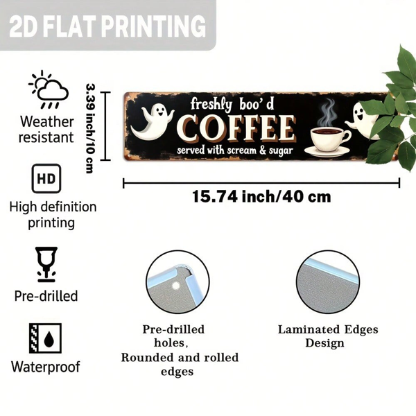 CIFbuy 趣味清新“Boo'd Coffee”金属万圣节装饰牌，幽灵南瓜图案 3.93×15.74英寸（TikTok, temu 自提物流）-4