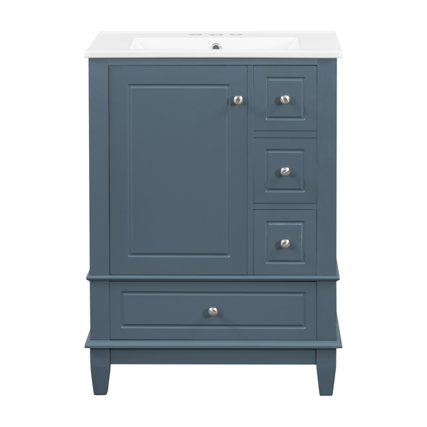 24" Bathroom Vanity with Sink and Drawers, Gray Blue Freestanding Vanity Cabinet with Ceramic Top and Storage Shelves, MDF and Solid Wood Base, Modern Sink Cabinet for Small Bathrooms-2