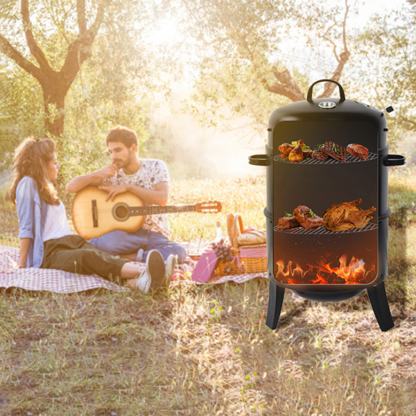 Outdoor double-layer grill, charcoal wood fired braising and smoking stove-2