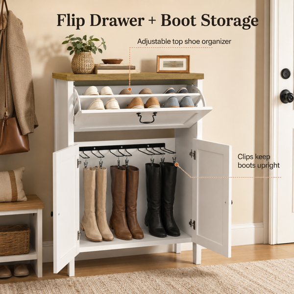 Shoe Cabinet with Flip Drawer, Boot Rack and 6 Boot Clips, Narrow Entryway Shoe Cabinet with Adjustable Shelf, Freestanding Shoe Organizer Cabinet for Entryway, Foyer, 31.5"W x 15.7"D x 45.3"H-White-10