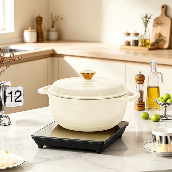 铸铁 7.5QT 烹饪锅具 陶瓷白 含两个硅胶手套 珐琅锅-6