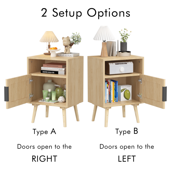 22.83'' H Rattan Nightstand, Side Table with Door Open Shelf,  Accent Bedside End Table with Solid Wood Legs for Bedroom, Dorm and Small Spaces, Oak-18