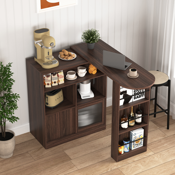 Modern Bar Cabinet with Rotating top, Counter Height Dining Cabinet with 6 Storage space and 2 Ribbed Glass Door for Kitchen, The Rotating Top with 3 Storage Shelves Dining Room, Living Room, Walnut-1
