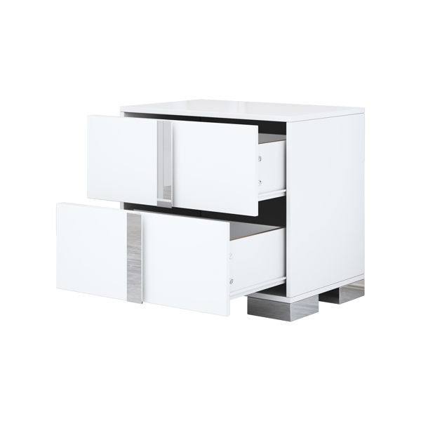 Elegant Nightstand with Metal Foot, Mirrored Bedside Table with 2 Drawers for Bedroom, Living Room, White (Old SKU: WF319353AAK)-5