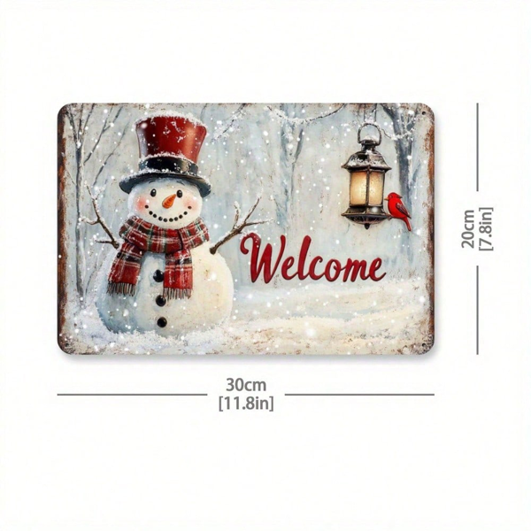 CIFbuy 1个乡村风雪人与小鸟圣诞迎宾牌，铁质户外装饰，12x8英寸（TikTok, temu 自提物流）-3