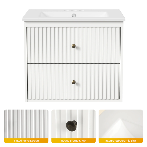 24'' Bathroom Vanity with Sink Set, Floating Bathroom Storage Cabinet with Doors and Drawers, Modern Vanity Sink Cabinet Wall Mount with Painted Surface, White-8