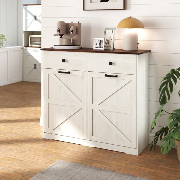 Farmhouse Double Tilt Out Trash Cabinet for 20 Gallon Trash Cans, Free Standing Recycling Cabinet with Hideaway Drawer, Barn Door Style Laundry Sorter Cabinet, Tilt Out Trash Cabinet for Kitchen-9