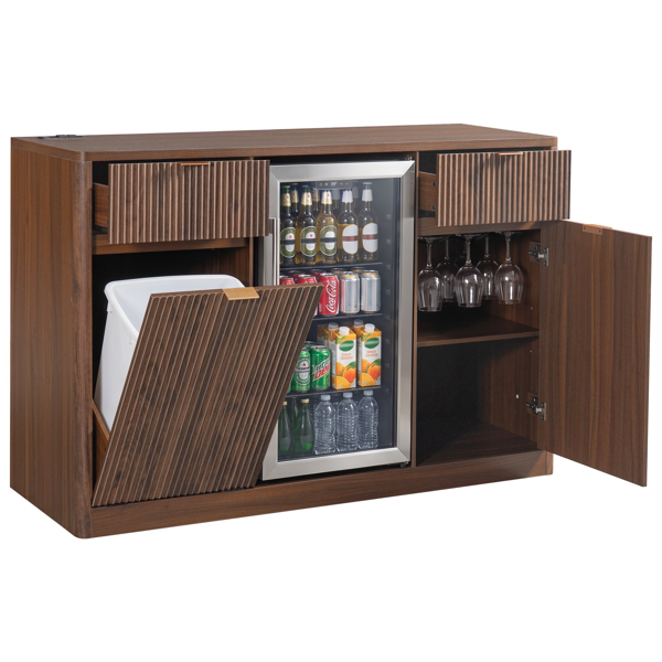 K&K 59" Coffee Bar Cabinet with Fridge Space & Tilt-Out Trash Cabinet, Mini Fridge Wine Cabinet with Storage/Charging Station, Fluted Buffet Sideboard with Glass Holder for Dining Room, Walnut Brown-3