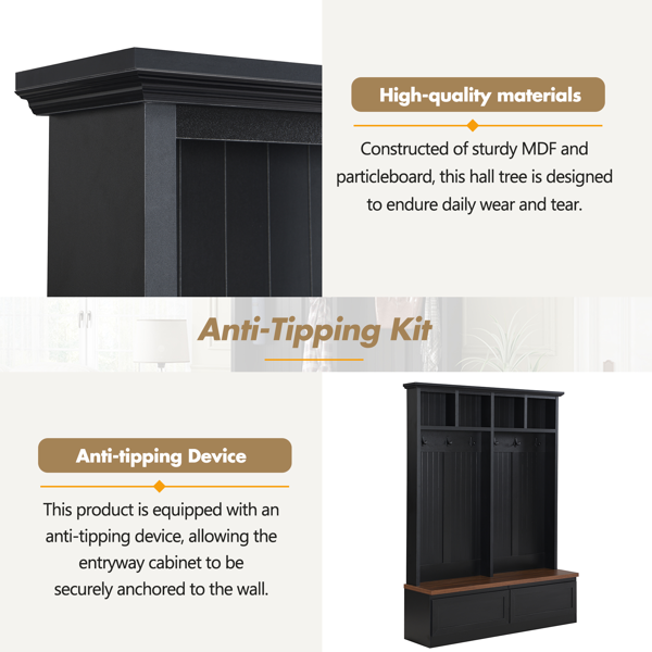 Farmhouse 4-in-1 Hall Tree with Wood Grain Bench, Mudroom Versatile Coat Rack with 2 Large Drawer, Entrance Organizer for Hallway, Living Room, Black, 55.9"W (OLD SKU: N721P313099B)-7