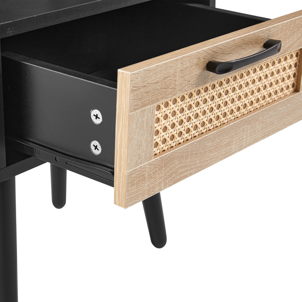 15.75" Rattan End table with  drawer and solid wood legs, Modern nightstand, side table for living room, bedroom, black-17