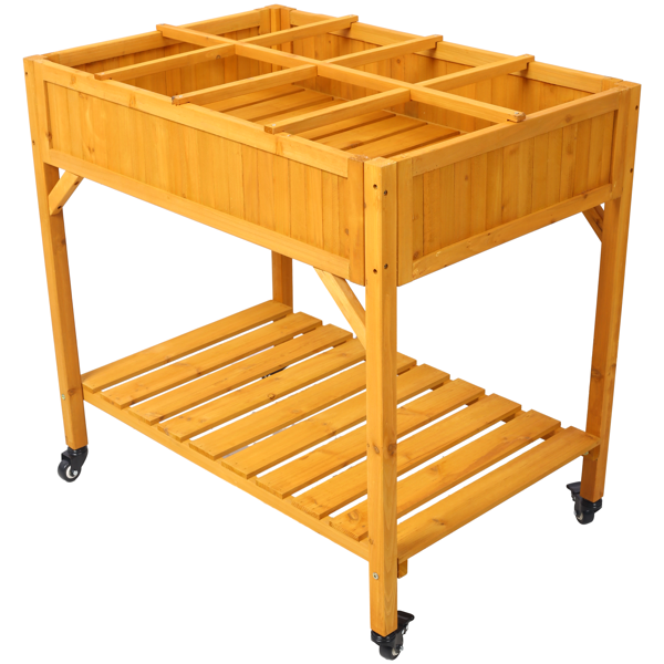 Elevated 8 Pocket Herb Garden Bed, Mobile Raised Customizable Wood Planter for Herbs, Vegetables, Flowers w/ Lockable Wheels, Storage Shelf, Drainage Holes-3