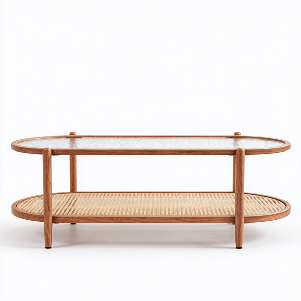 【禁售AM】双层 茶几 热转印木纹 CT0RO38 96*50*46cm 椭圆形 水波纹玻璃 PE藤 铁-3