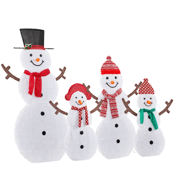 4pcs 5ft 白色 2D雪人一家四口树枝手 蒙布绒布 250灯暖白灯 圣诞灯饰雪人 4.5V 3.6W