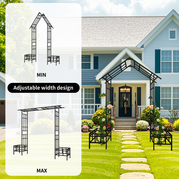 Metal Garden Arch with Adjustable Width W68.11''~W94.29''  Climbing Plants Support Rose Arch Outdoor Black-16