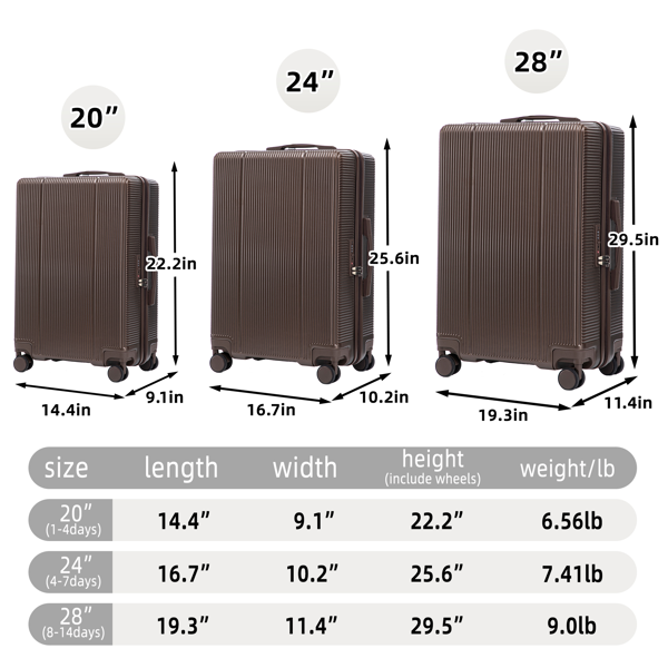 20"/24"/28" 3件套 ABS材质万向轮行李箱，登机箱，同色系，TSA密码锁（棕色）-10