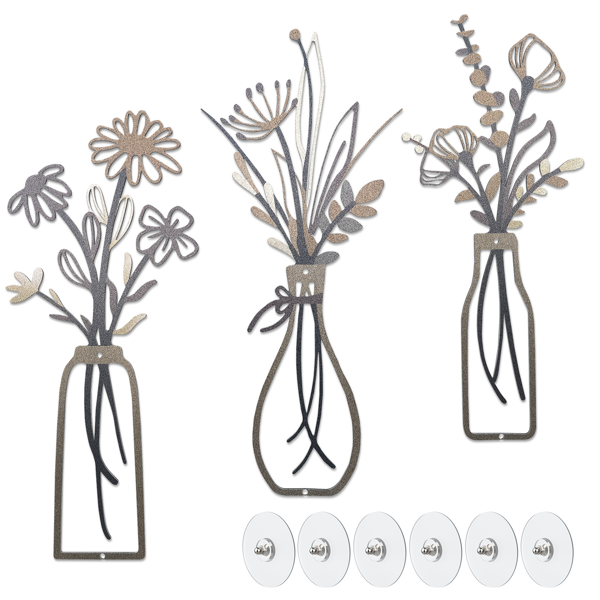 3-Piece Set of Neutral-Toned Metal Vase Wall Decor, Vintage Wrought Iron Vase Wall Hangings, Includes Self-Adhesive Mounting Plates, Suitable for Living Room, Bedroom, and Apartment Decor (Not from an eBay-Certified Warehouse)-1