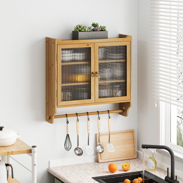 24.8''Glass Door Vintage Double Door Wall Cabinet With Three Tiers of Storage With Towel Rack,for Bathroom, Kitchen,,Dining Room,Natural-1