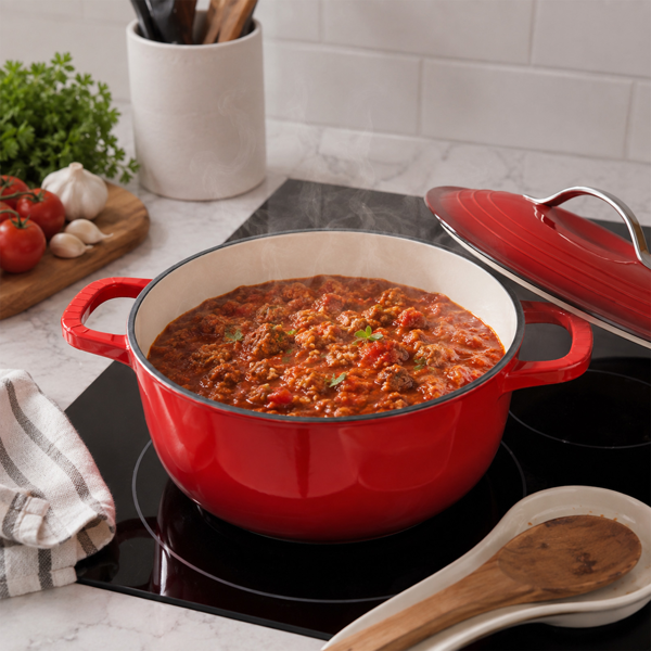 不锈钢手柄 7.5QT 7.1L 圆形 珐琅锅 红色渐变 含手套 隔热垫-5