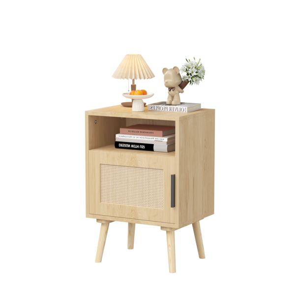 22.83'' H Rattan Nightstand, Side Table with Door Open Shelf,  Accent Bedside End Table with Solid Wood Legs for Bedroom, Dorm and Small Spaces, Oak-19