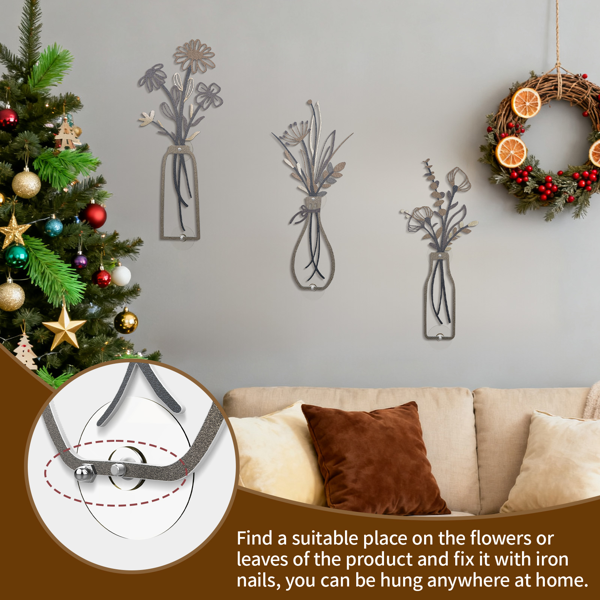 3-Piece Set of Neutral-Toned Metal Vase Wall Decor, Vintage Wrought Iron Vase Wall Hangings, Includes Self-Adhesive Mounting Plates, Suitable for Living Room, Bedroom, and Apartment Decor (Not from an eBay-Certified Warehouse)-4