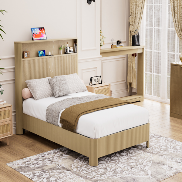 Full Extra Long(Full XL) Size bed frame with storage headboard, built-in charging station, wavy curved lines design, silent operation, metal support, Natural-4