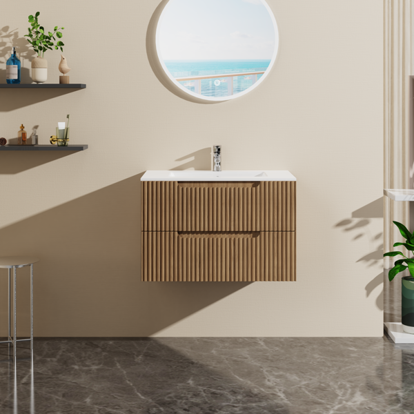 30" Wall Mounted Bathroom Vanity with Sink Floating Bathroom Cabinet Sink Combo, Soft-Close System, 2 Extra Big Drawers, Walnut-1