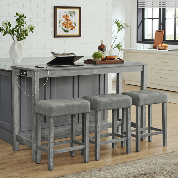 59 Inch Bar Table, Dining Table, Sofa Table with Power Outlet, 3 Upholstered Stools, 4 Piece Bar Table and Chair Set for Living Room, Dining Room, Kitchen-8
