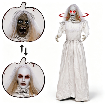 万圣节电子鬼新娘道具，5.6英尺高，将头部美女转向女巫，发出红光，并激活按钮，用于门廊鬼屋装饰