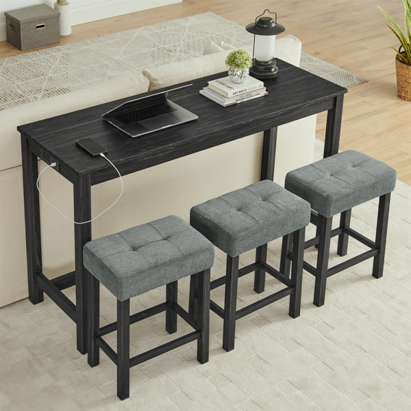 59 Inch Bar Table, Dining Table, Sofa Table with Power Outlet, 3 Upholstered Stools, 4 Piece Bar Table and Chair Set for Living Room, Dining Room, Kitchen-4