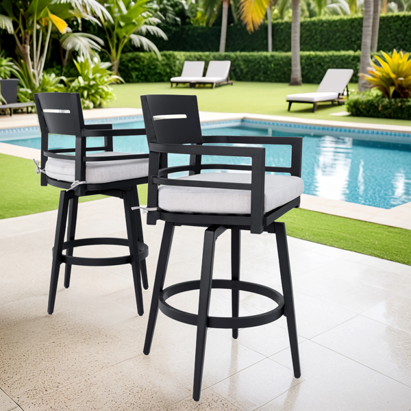 Modern Outdoor 2-Piece Swivel Bar Chairs – Aluminum Frame with Ember Black, 360° Swivel, Ergonomic Backrest & Armrests, Tapered Legs, Sunbrella Cushion, Weather-Resistant & Durable Patio Bar Stool-2