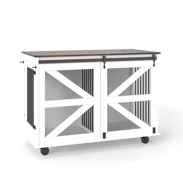 47.2" Mobile Dog Crate with Flip-Top Feeding Door, Dual-Access & 5 Caster System (2 Locking), Side Hooks - Multi-Functional Pet Kennel,double dog crate furniture-13