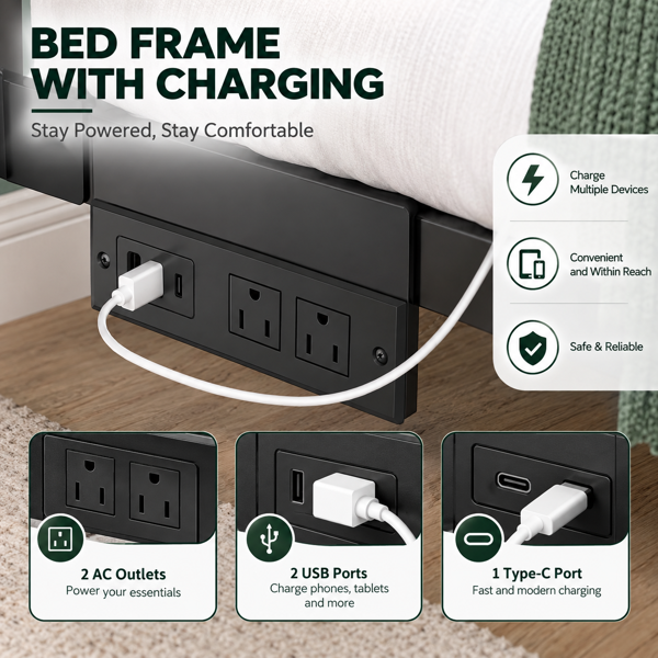 黑+红棕色 Full 铁木平板床 3横板间隔 LED灯 插座 铁床 PB03SBRF 美国-4