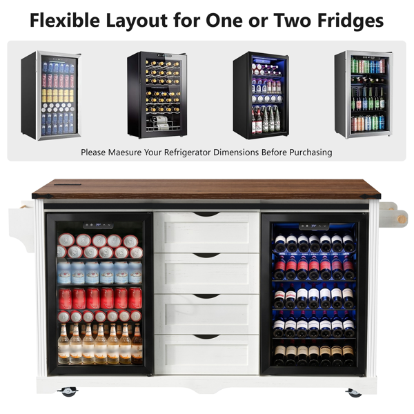 K&K 72" Farmhouse Kitchen Island with Fridge Storage Space & Power Outlet, Rolling Coffee Bar Cabinet on Wheels with 4 Drawers, Sliding Barn Door, Glass Holder, Drop Leaf, Island Kitchen Table, White-22