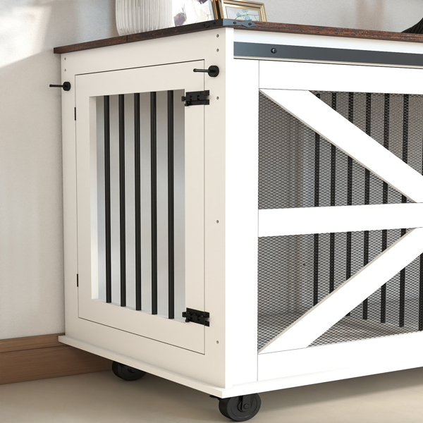 47.2" Mobile Dog Crate with Flip-Top Feeding Door, Dual-Access & 5 Caster System (2 Locking), Side Hooks - Multi-Functional Pet Kennel,double dog crate furniture-14