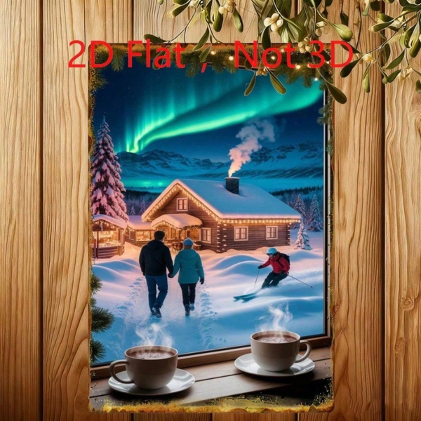 CIFbuy 冬季北极光雪景小屋情侣滑雪锡制装饰牌，2D平面艺术，20x30厘米（TikTok, temu 自提物流）-2