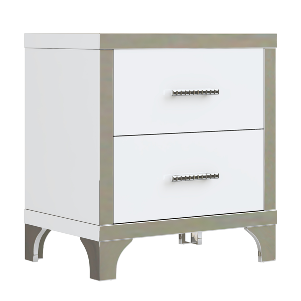 Elegant High Gloss Nightstand with Metal Handle,Mirrored Bedside Table with 2 Drawers for Bedroom,Living Room,White-5
