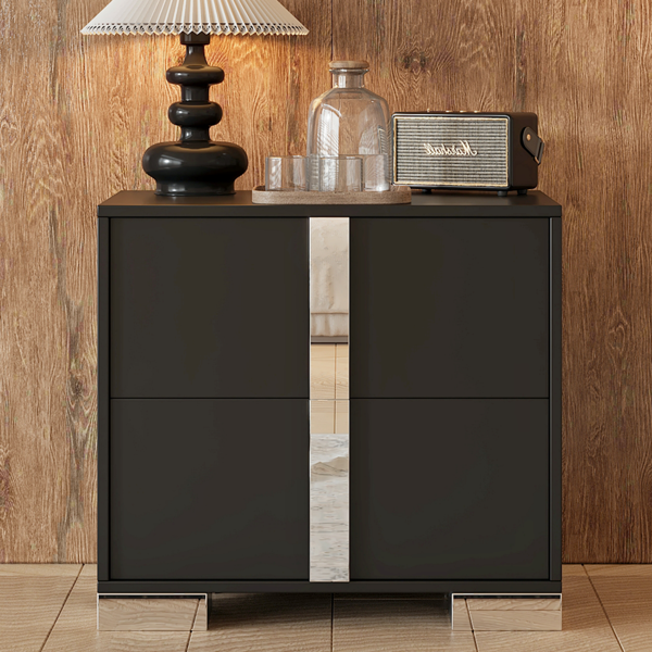 Elegant Nightstand with Metal Foot, Mirrored Bedside Table with 2 Drawers for Bedroom, Living Room, Black-1
