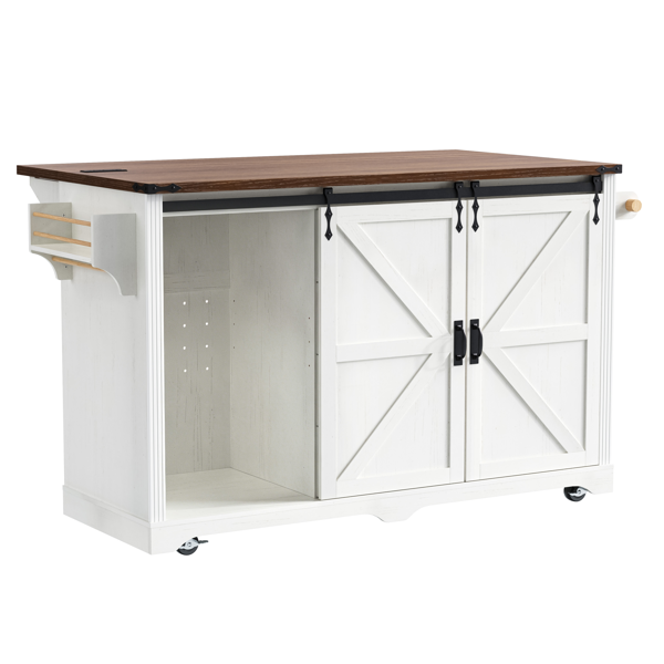 K&K 72" Farmhouse Kitchen Island with Fridge Storage Space & Power Outlet, Rolling Coffee Bar Cabinet on Wheels with 4 Drawers, Sliding Barn Door, Glass Holder, Drop Leaf, Island Kitchen Table, White-18