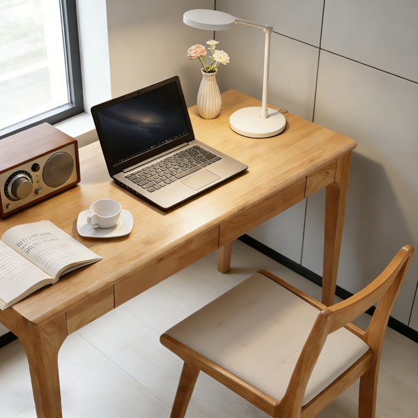 Solid Wood Desk with Drawers, Standing Desk with Smooth Edges, Home Office Desk for Small Spaces, Mid Century Modern Desk for Study, Bedroom, Living Room, Office, (Natural Wood Color)-8
