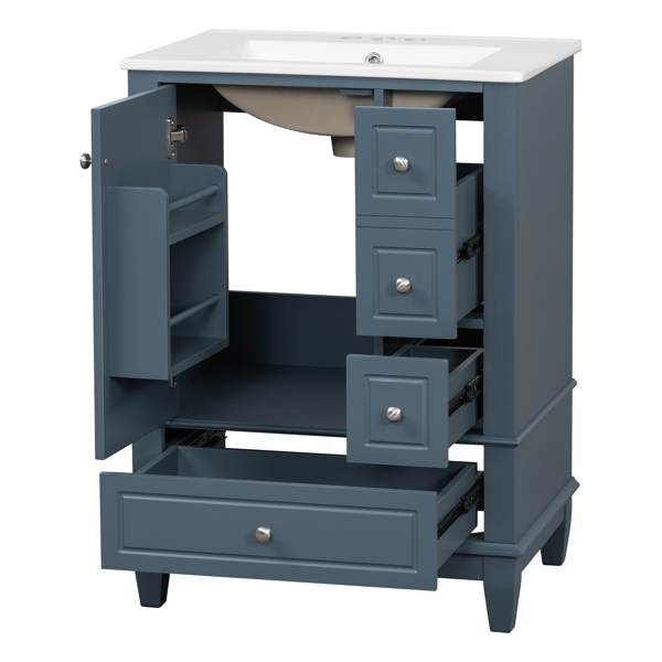 24" Bathroom Vanity with Sink and Drawers, Gray Blue Freestanding Vanity Cabinet with Ceramic Top and Storage Shelves, MDF and Solid Wood Base, Modern Sink Cabinet for Small Bathrooms-19