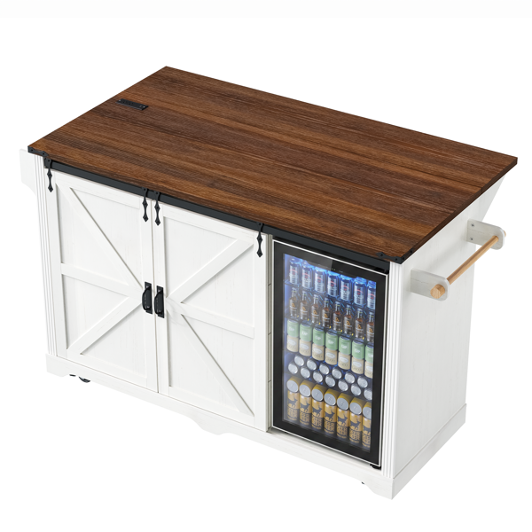 K&K 72" Farmhouse Kitchen Island with Fridge Storage Space & Power Outlet, Rolling Coffee Bar Cabinet on Wheels with 4 Drawers, Sliding Barn Door, Glass Holder, Drop Leaf, Island Kitchen Table, White-32