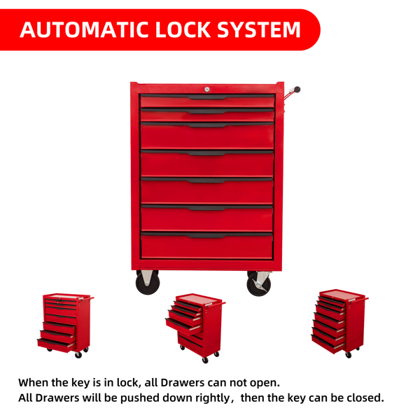 7-Drawer Rolling Tool Chest Cabinet, Large Capacity Metal  Tool Box with Wheels and Cylinder Locking, Roll Around Storage Organizer Tool Cart for Garage, Warehouse, Work Shop - Red-3