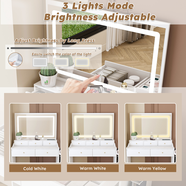 New Large Mirror Vanity Desk for Bed room  , Modern Makeup Vanity Set with Power Outlet and Hair dryer holder, 5 Drawers , 3 Lighting Color Adjustable Dressing Table for Bedroom, White Color-6