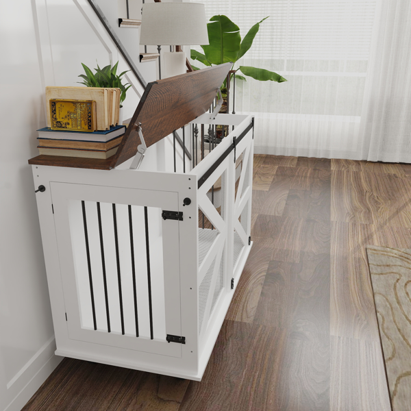 47.2" Mobile Dog Crate with Flip-Top Feeding Door, Dual-Access & 5 Caster System (2 Locking), Side Hooks - Multi-Functional Pet Kennel,double dog crate furniture-4