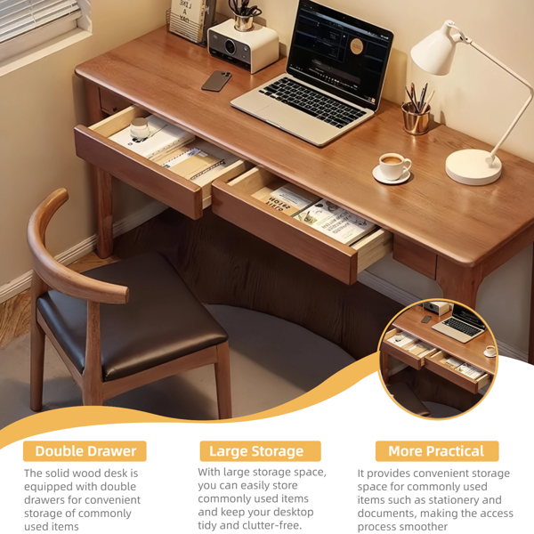 Solid Wood Desk with Drawers, Standing Desk with Smooth Edges, Home Office Desk for Small Spaces, Mid Century Modern Desk for Study, Bedroom, Living Room, Office, (Walnut, 47.24''*21.65''*29.53'')-9