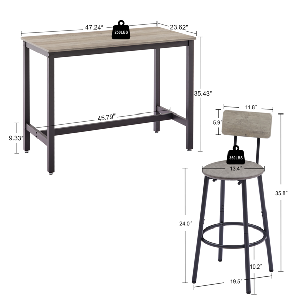 Bar Table Set with 4 Bar stools PU Soft seat with backrest, Grey, 47.24'' L x 23.62'' W x 35.43'' H-7