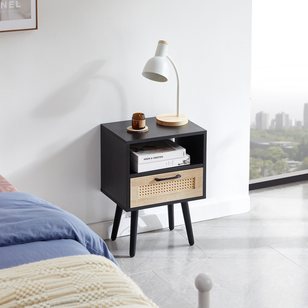 15.75" Rattan End table with  drawer and solid wood legs, Modern nightstand, side table for living room, bedroom, black-2
